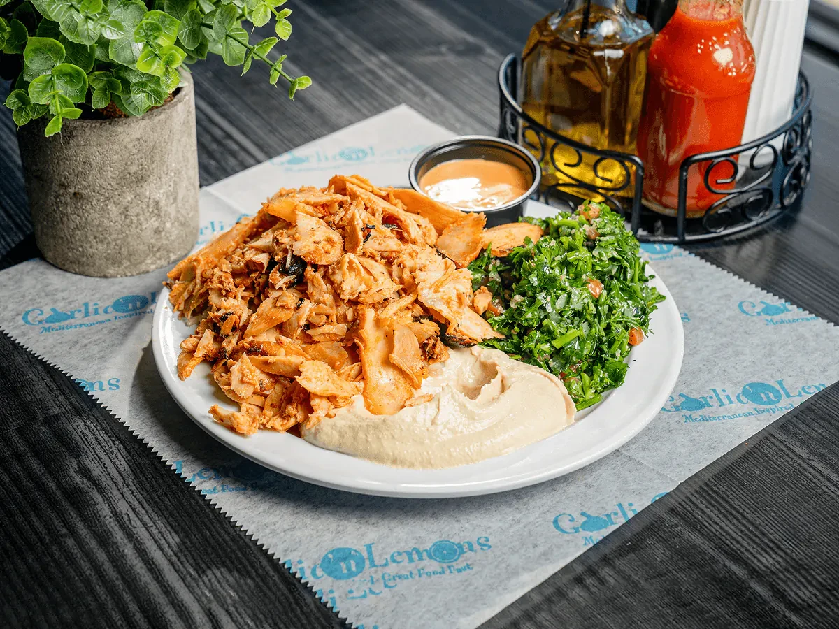 Chicken shawarma plate from Garlic 'n Lemons in Boston