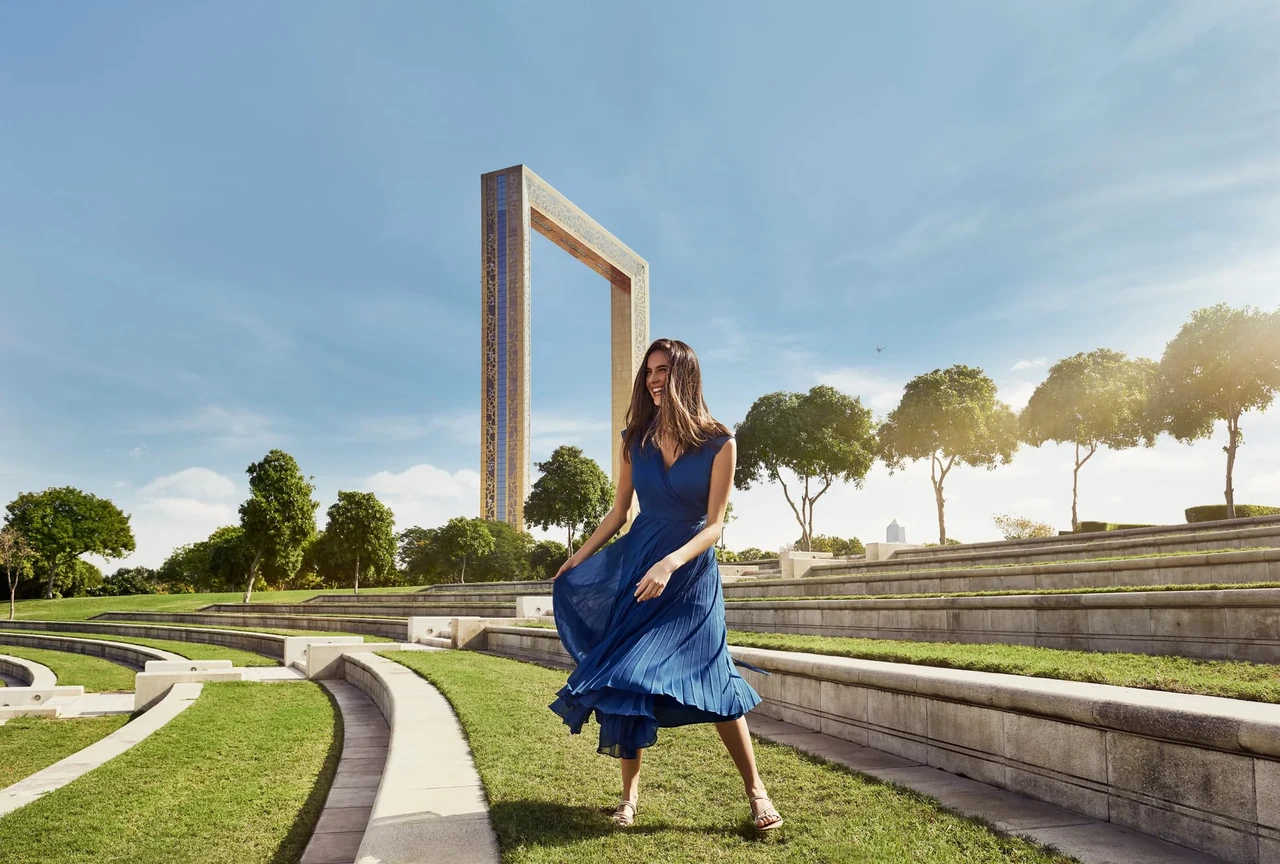 Dubai Frame rising over Zabeel Park in Dubai