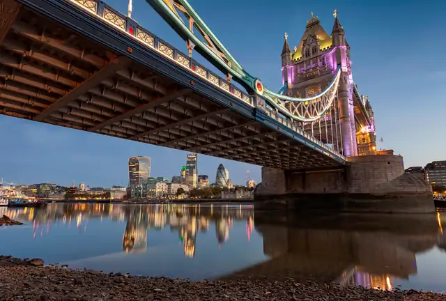 Tower Bridge at dusk from the Thames, London